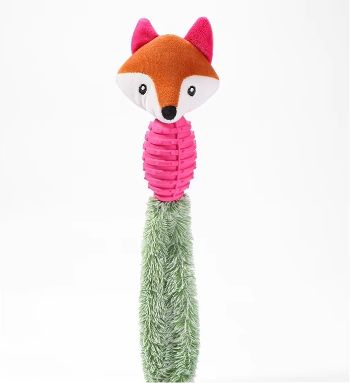Fox-shaped pet toy with text on a white background