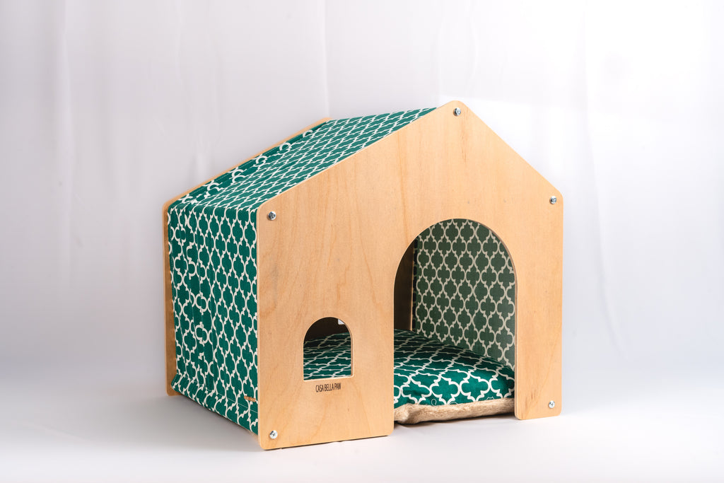 Designer Wood & Fabric Pet House with Cushion