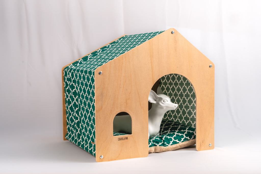 Designer Wood & Fabric Pet House with Cushion