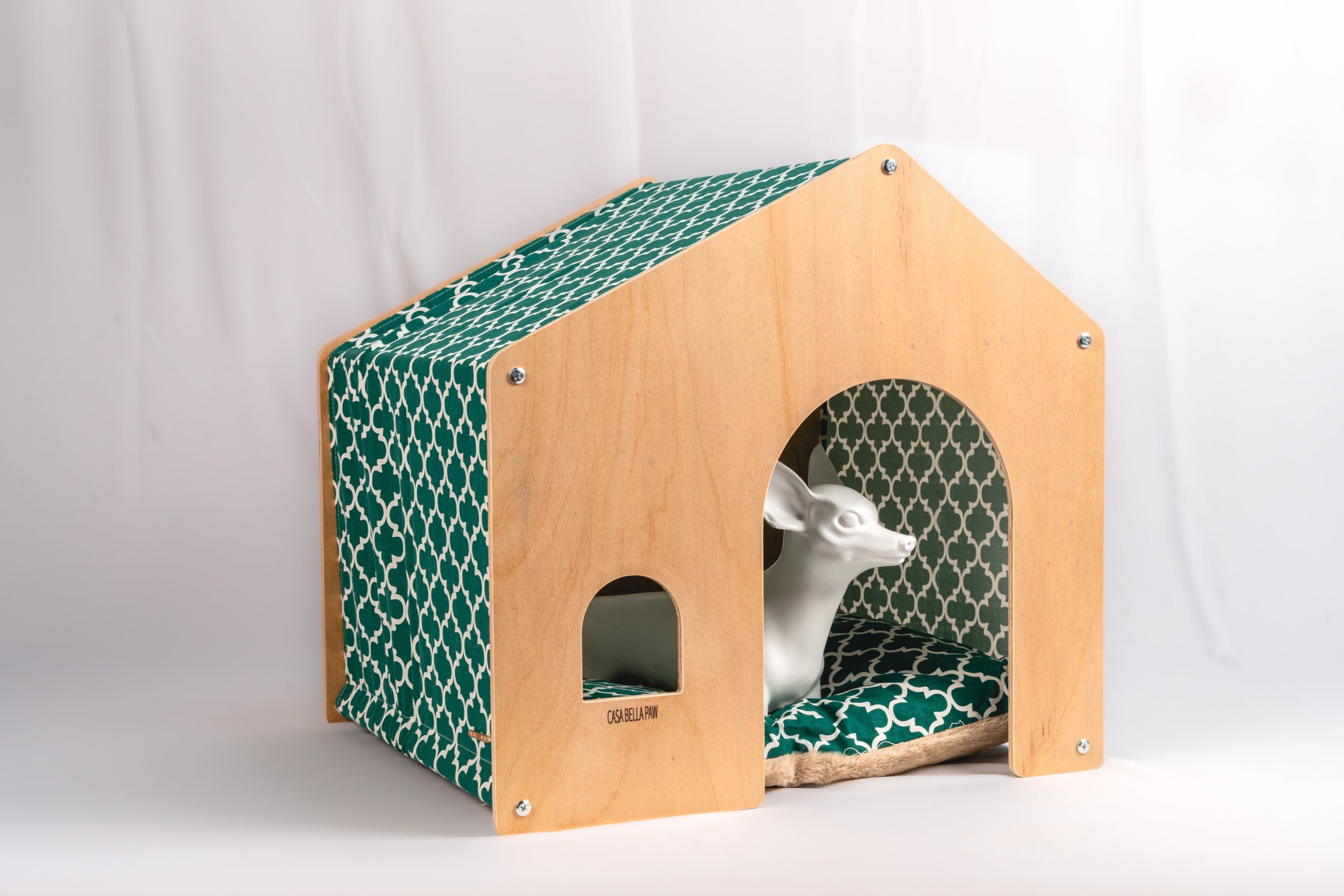 Designer Wood & Fabric Pet House with Cushion