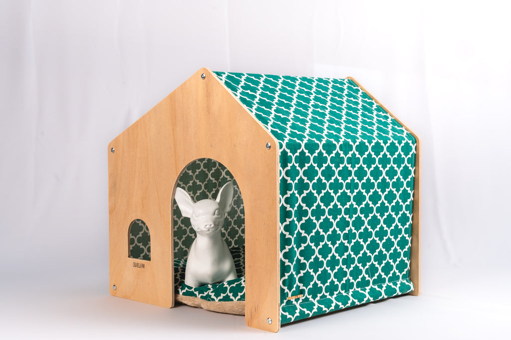 Designer Wood & Fabric Pet House with Cushion
