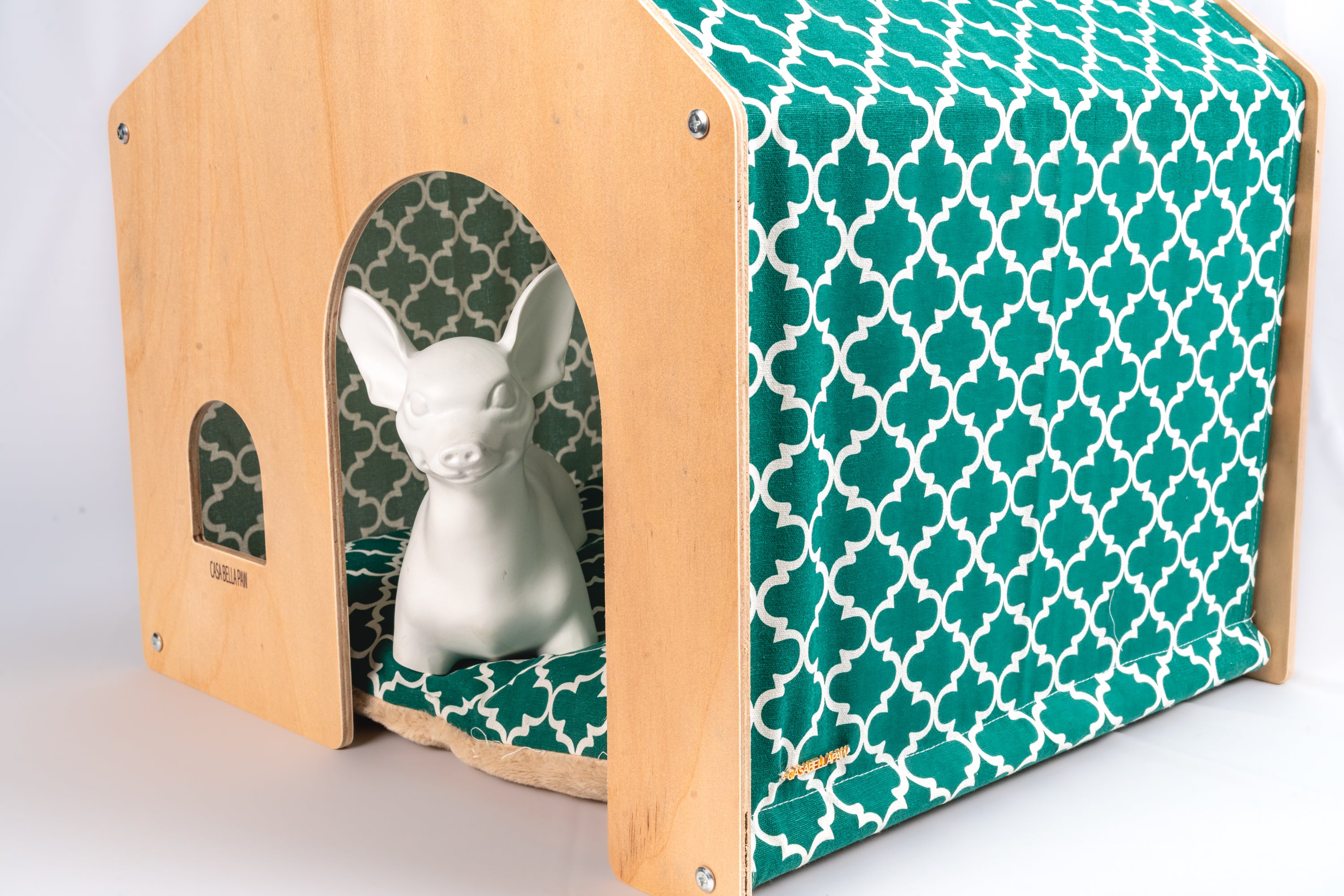 Designer Wood & Fabric Pet House with Cushion