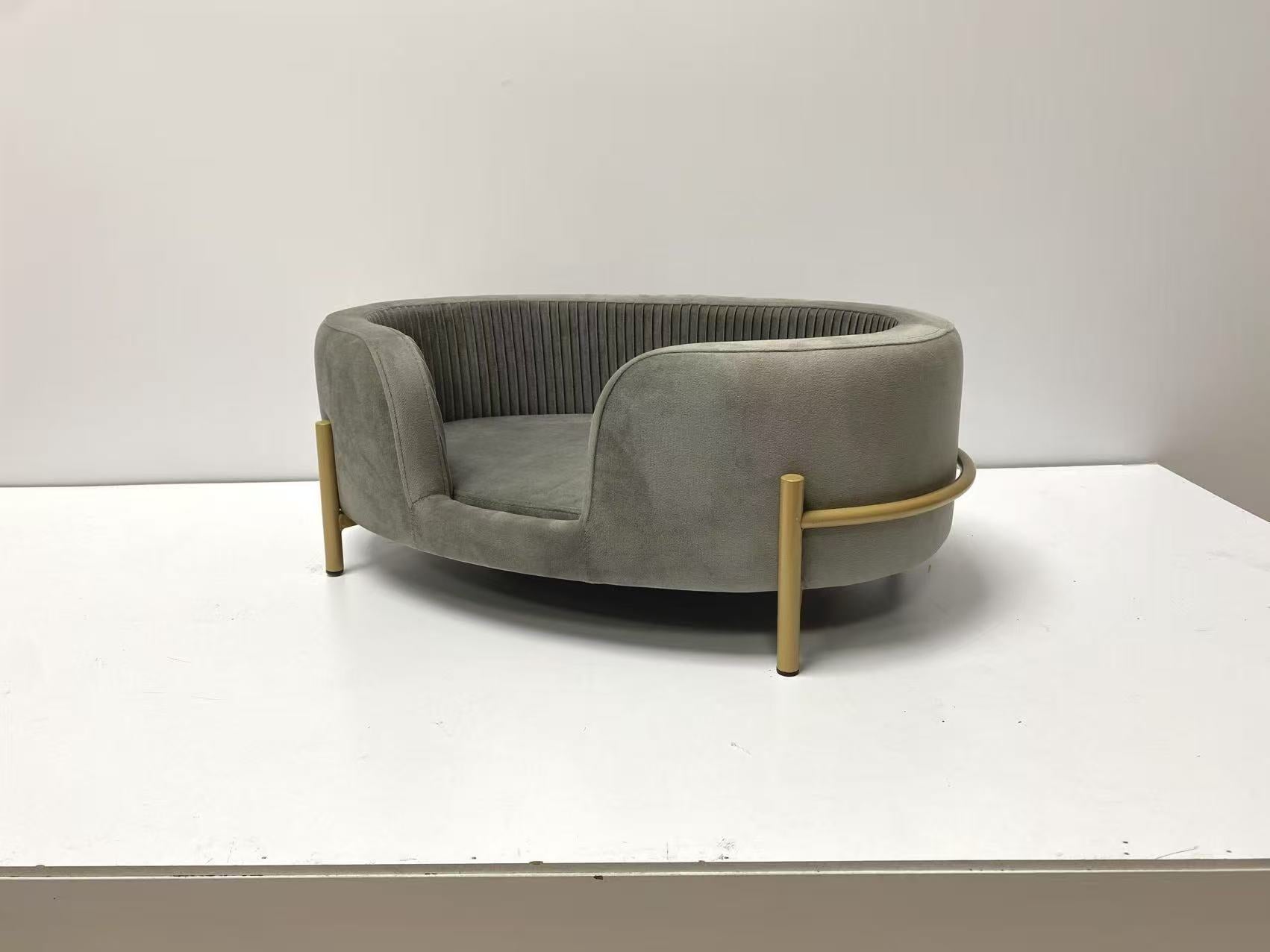 Modern Oval-Shaped with Golden Wooden Legs Velvet Pet Sofa
