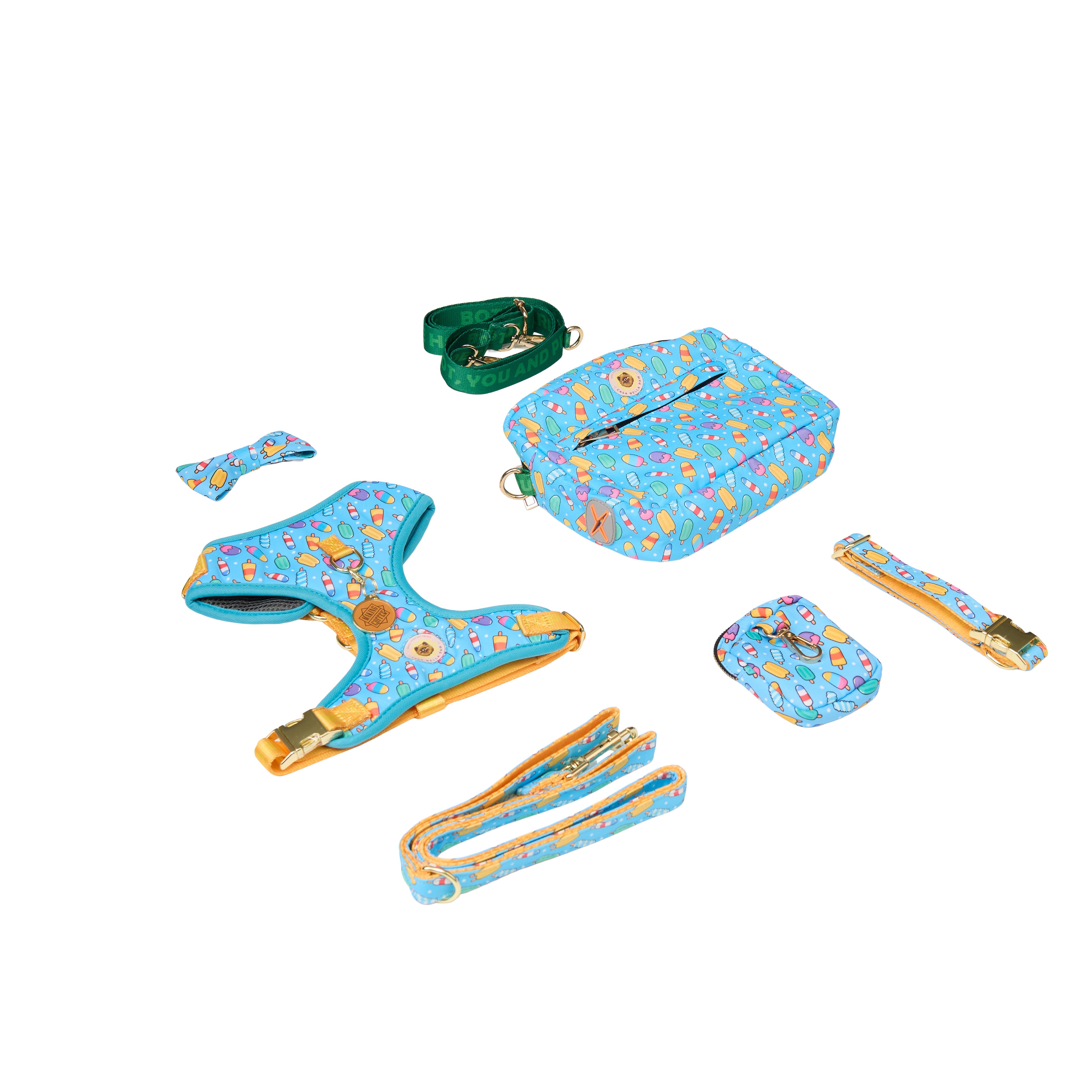 Ice Cream Print Dog Walk Essentials Set – Harness, Leash, Bag & Accessories