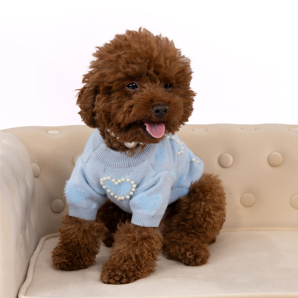 Sky Blue Knitted Sweater with Pearl Embroidery