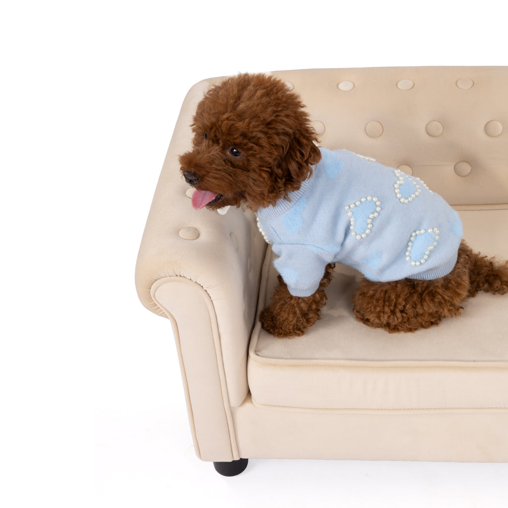 Sky Blue Knitted Sweater with Pearl Embroidery