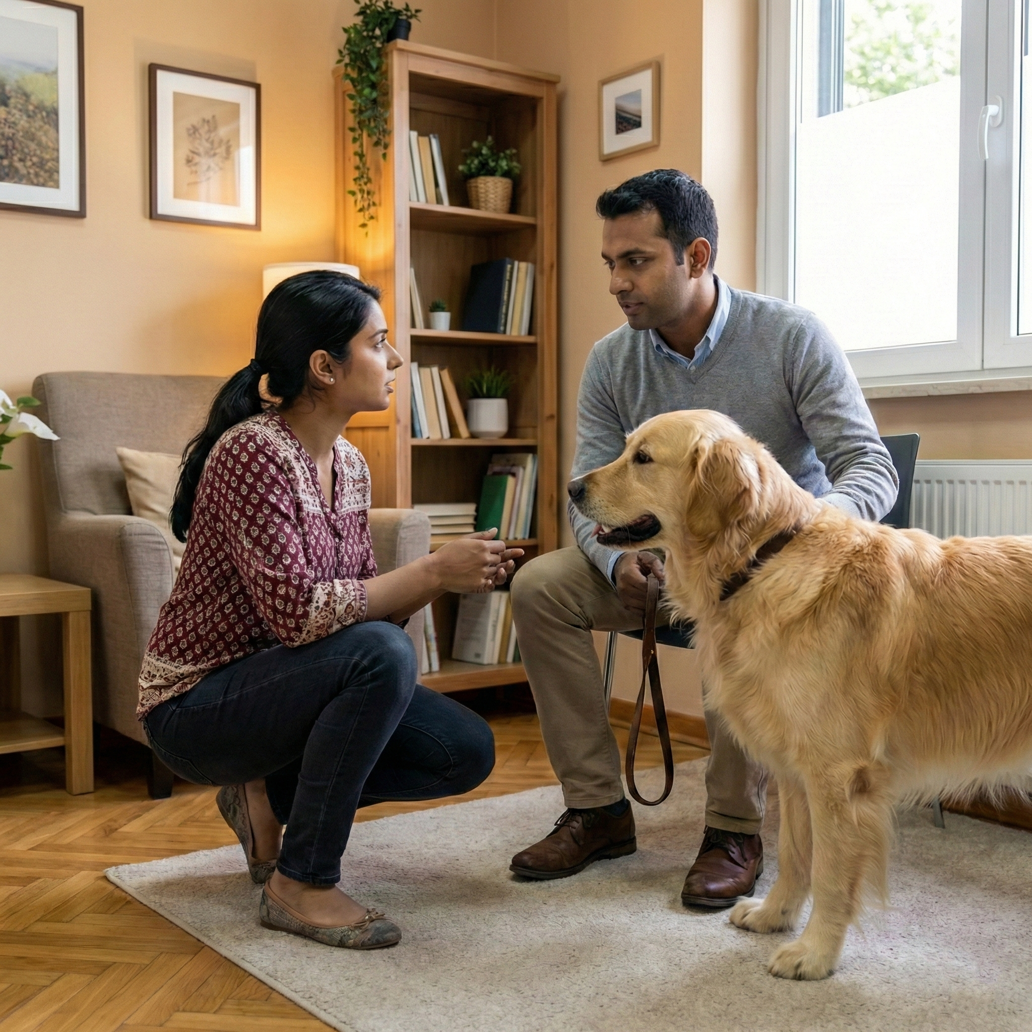 Man and woman with a dog in a living room