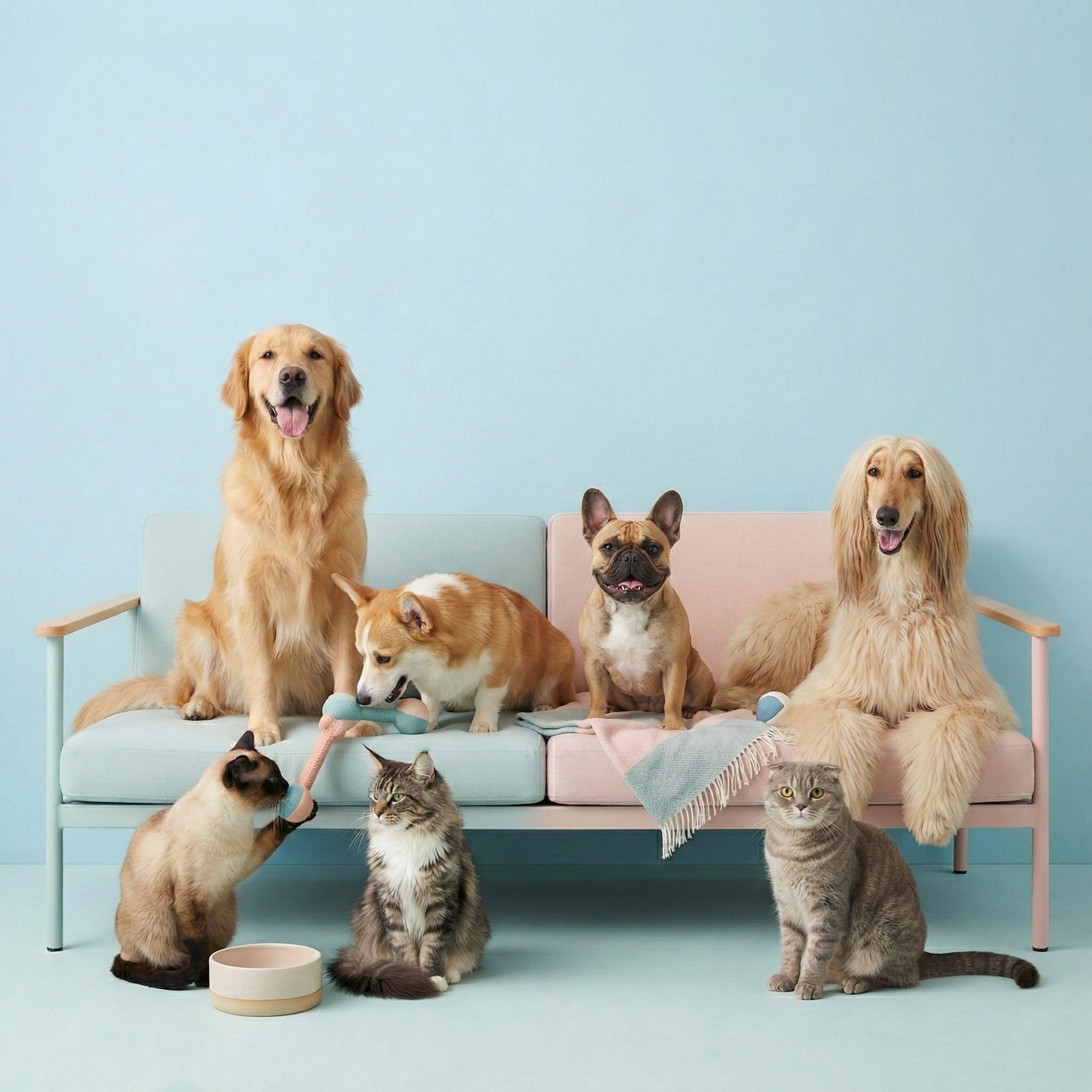 Different breeds of dogs and cats on a pink and blue sofa against a light blue background