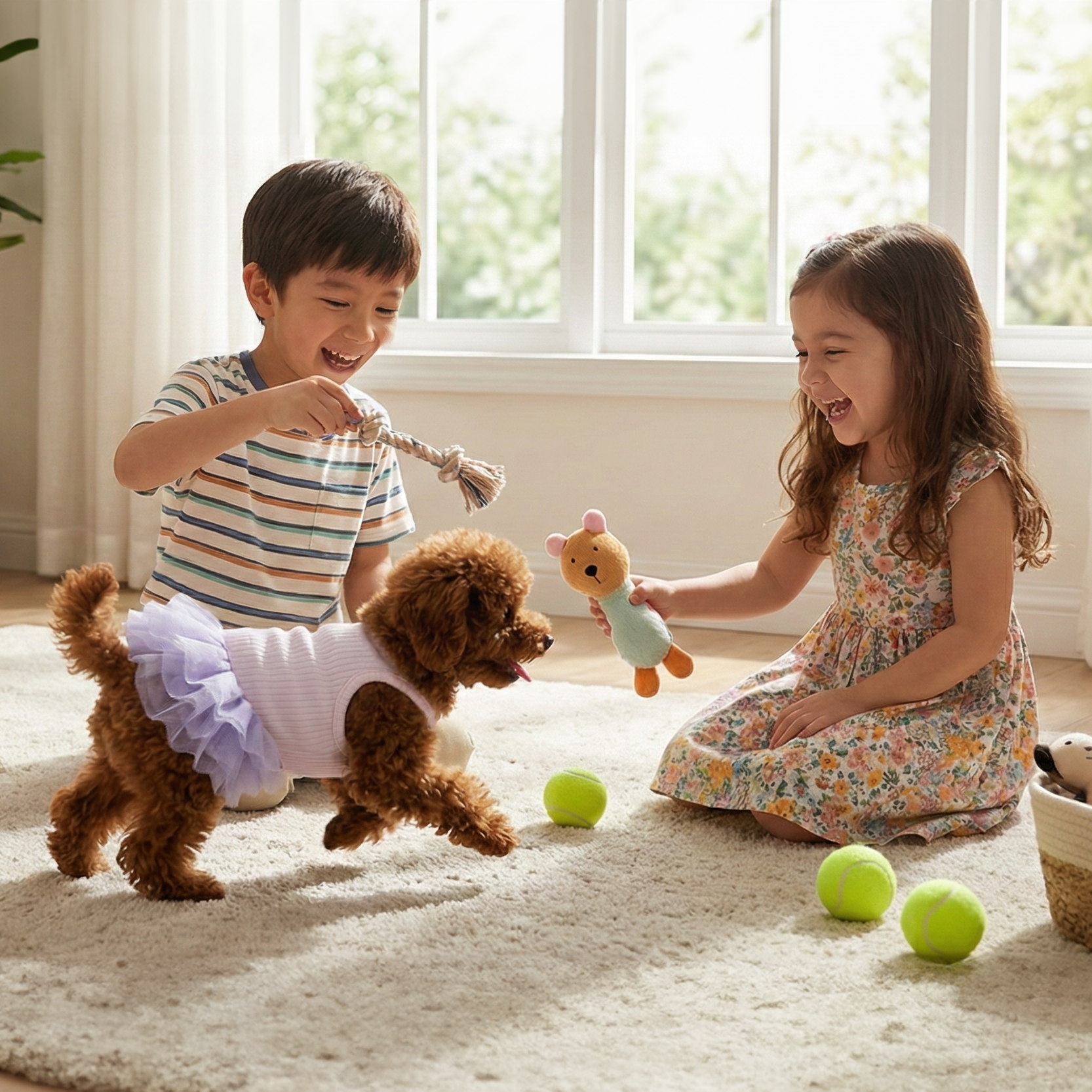 Two children playing with a toy dog and other toys on a rug in a bright room.