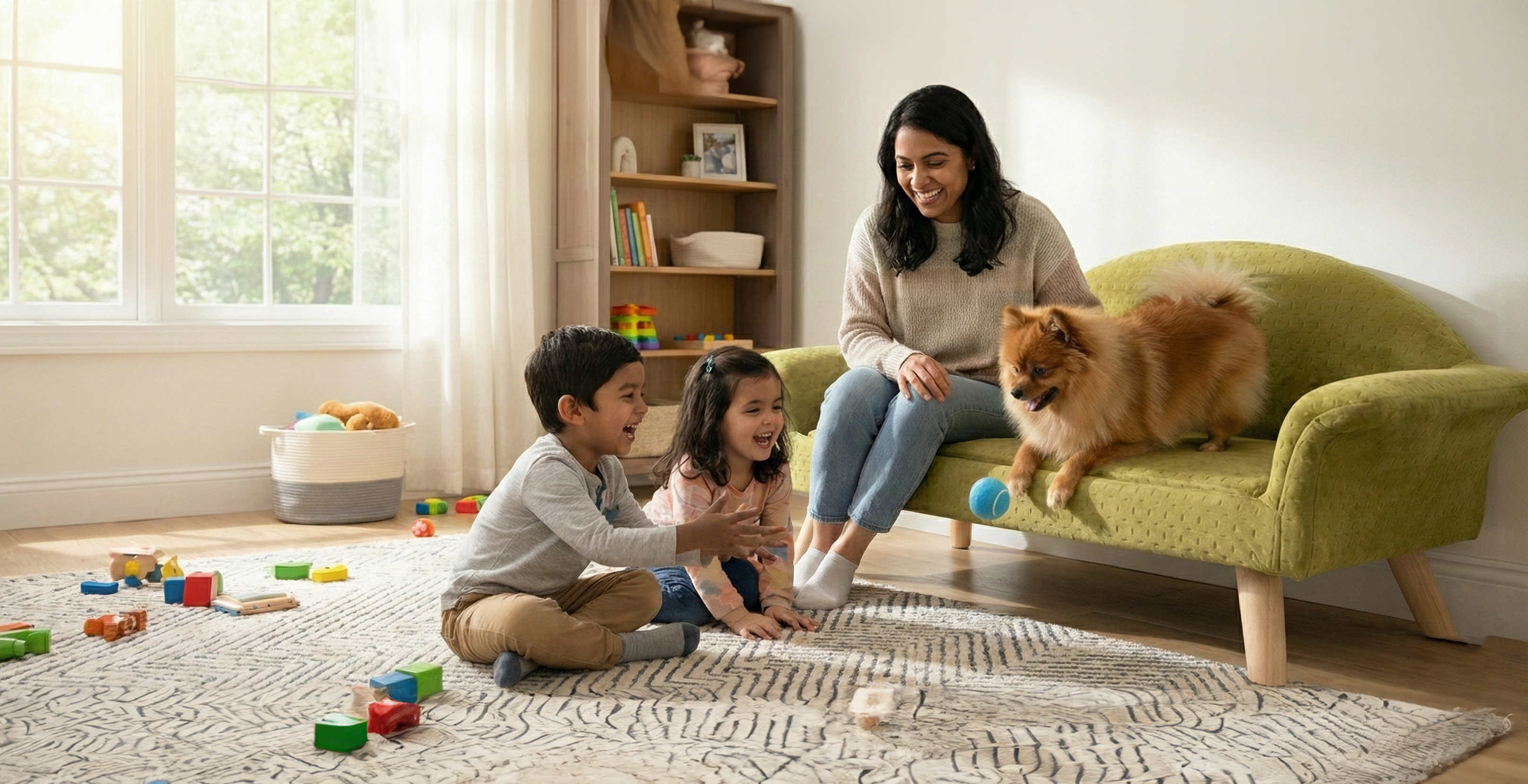 Woman and two children playing with a dog on a green couch in a living room.