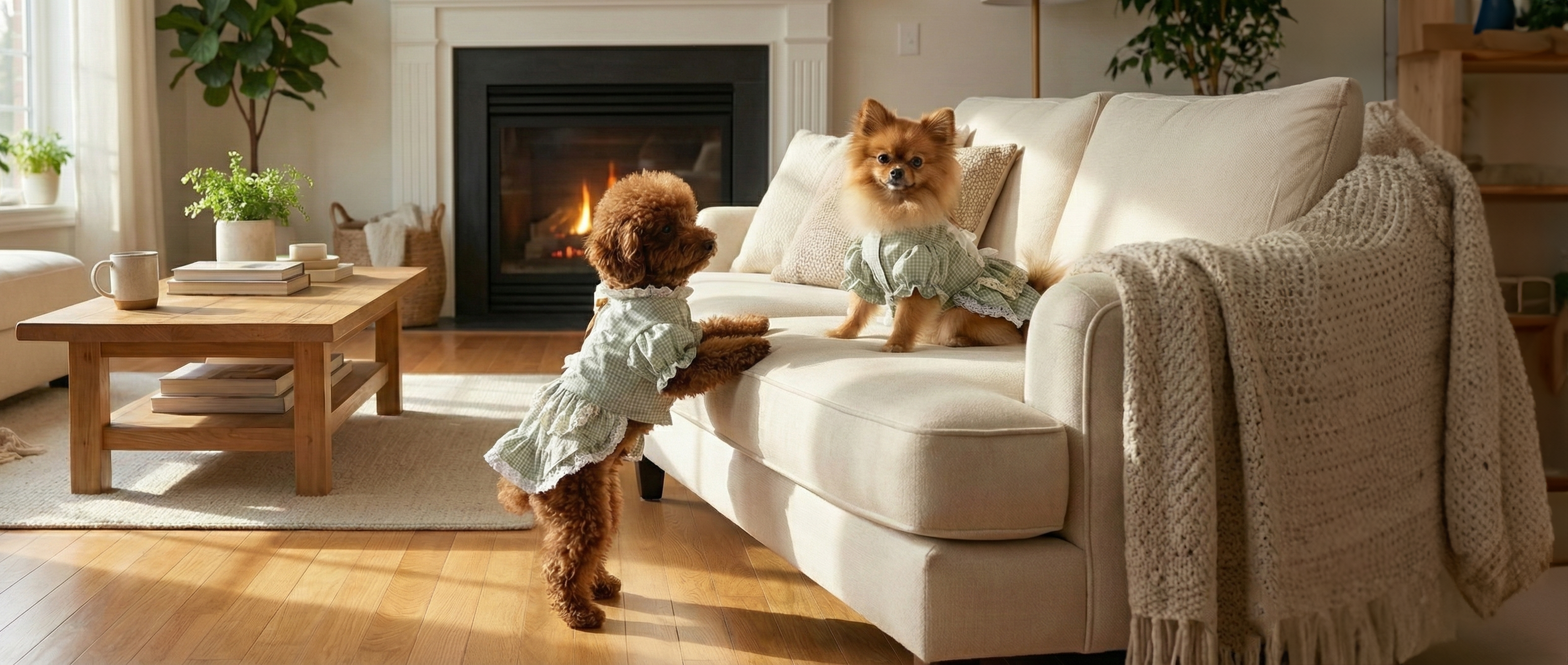 Two dogs in light green outfits sitting on a beige sofa in a cozy living room with a fireplace.