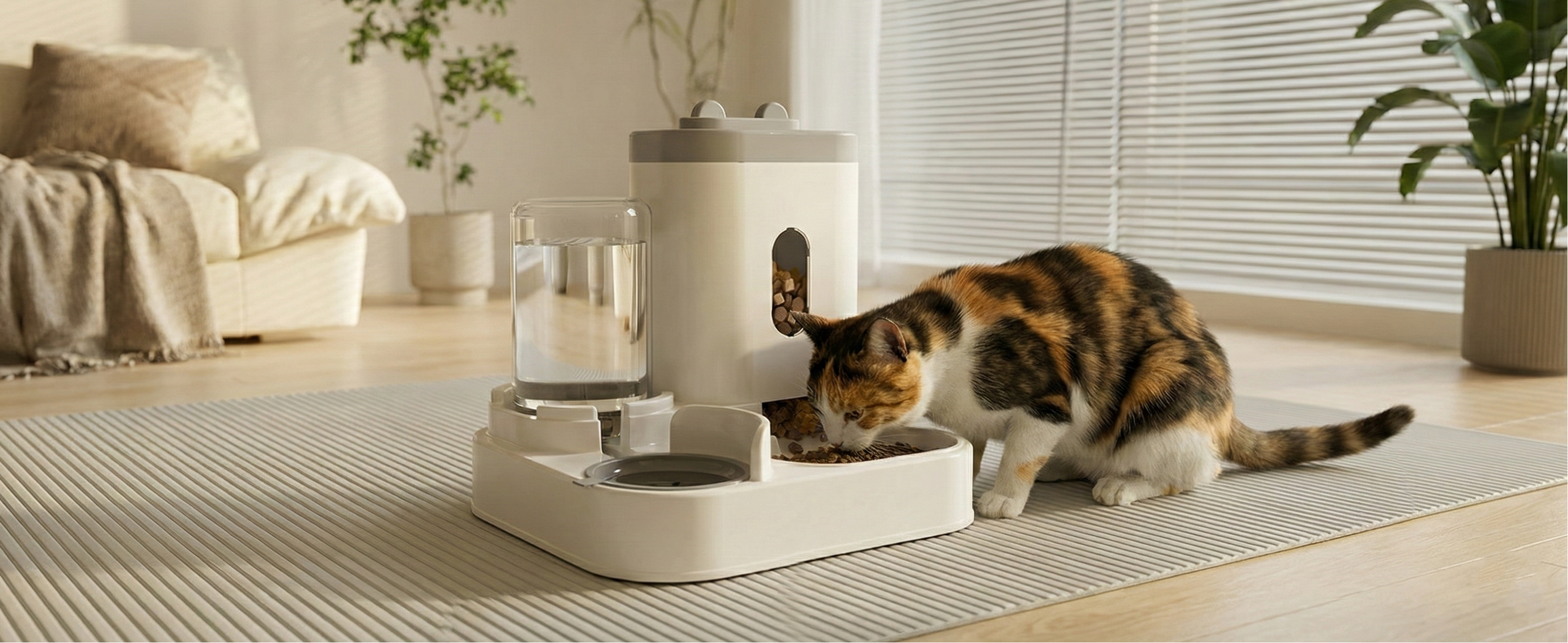 Cat eating from a modern pet feeder in a cozy living room.