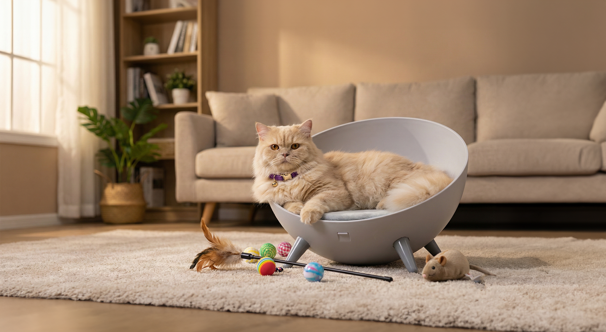 Cat lying in a modern pet chair on a carpeted floor with toys around
