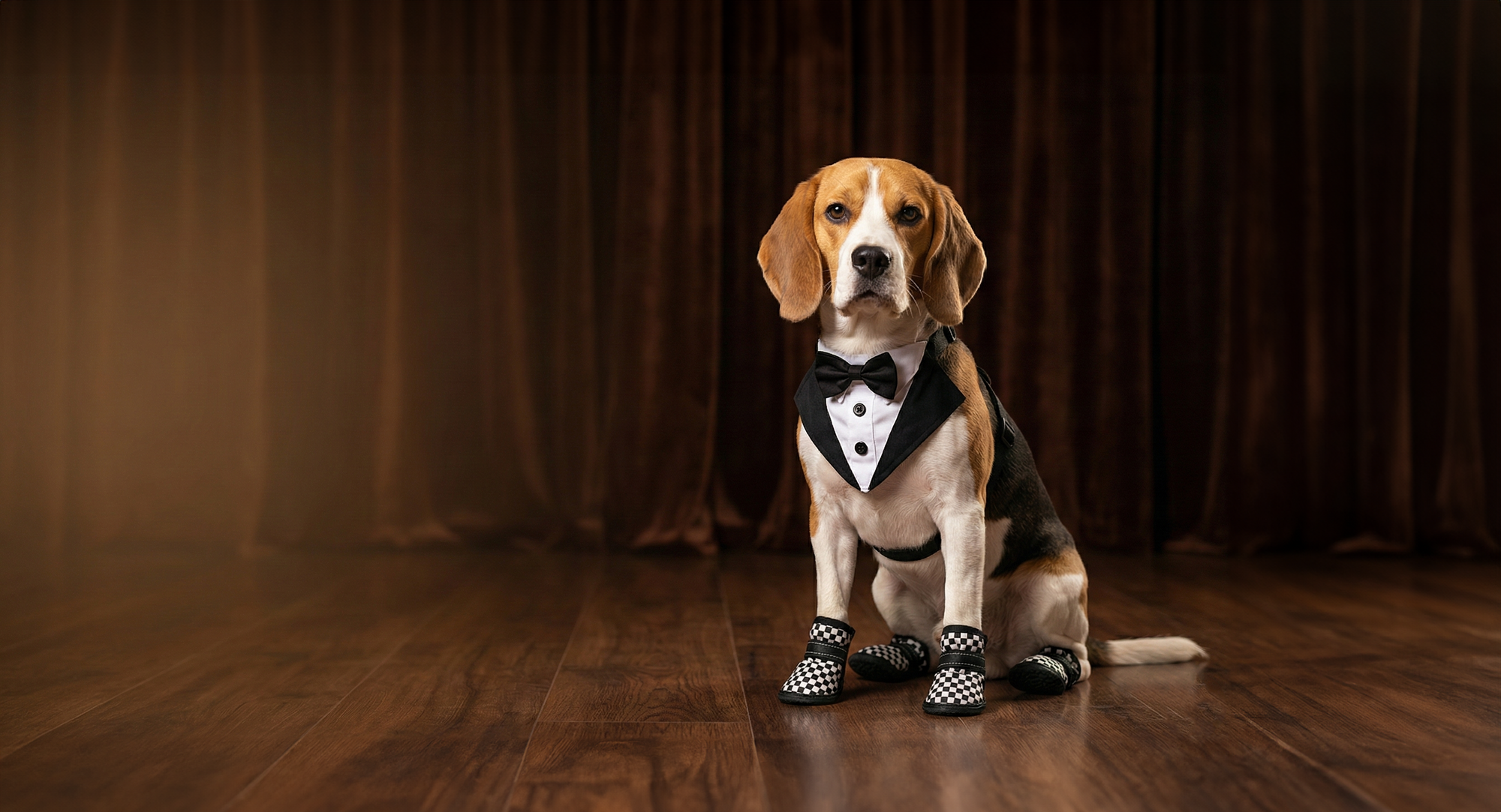 Dog in a tuxedo sitting on a wooden floor with a brown curtain background