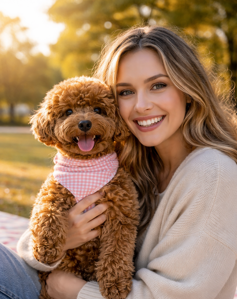 Woman holding a brown dog with a pink checkered bandana in a park setting