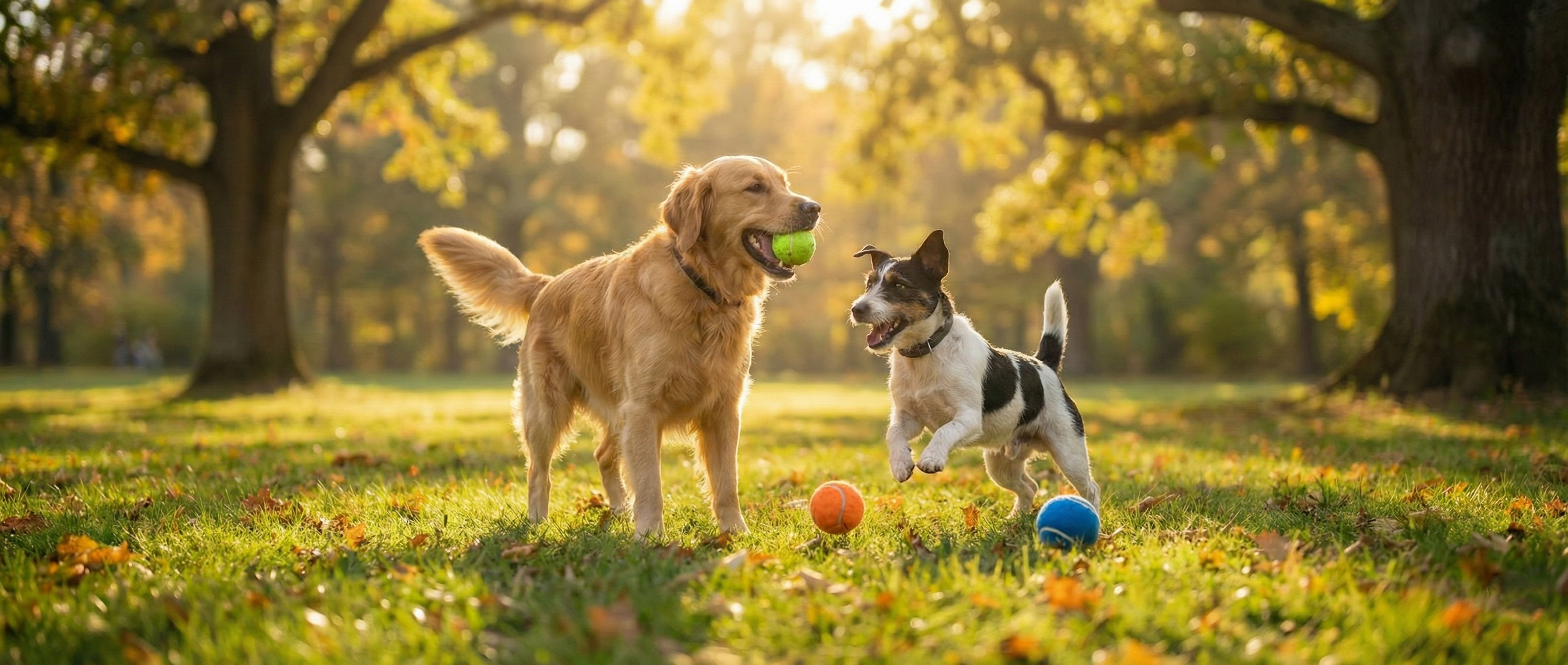 Two dogs playing with balls in a park on a sunny day