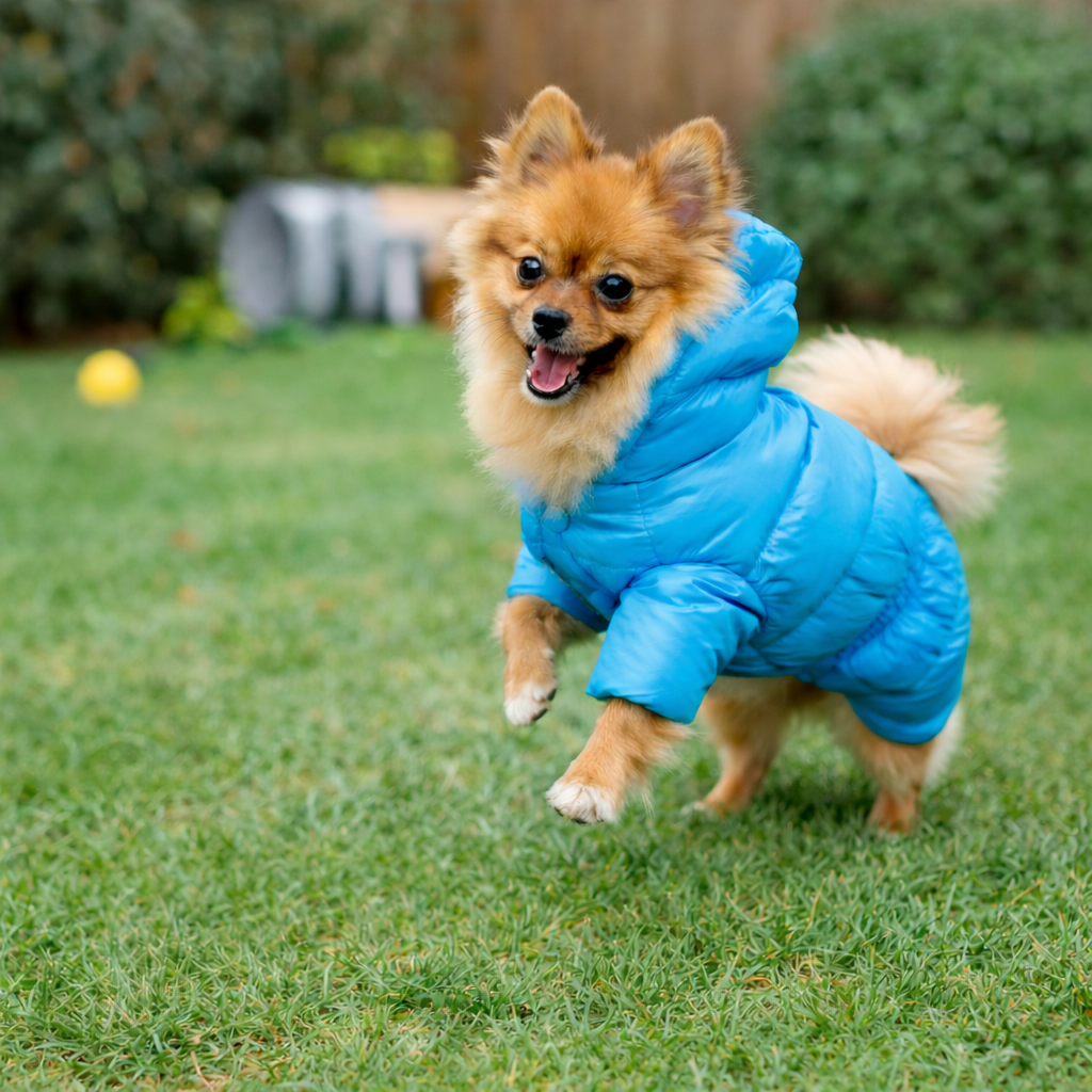 Small dog wearing a blue puffer jacket and running on grass