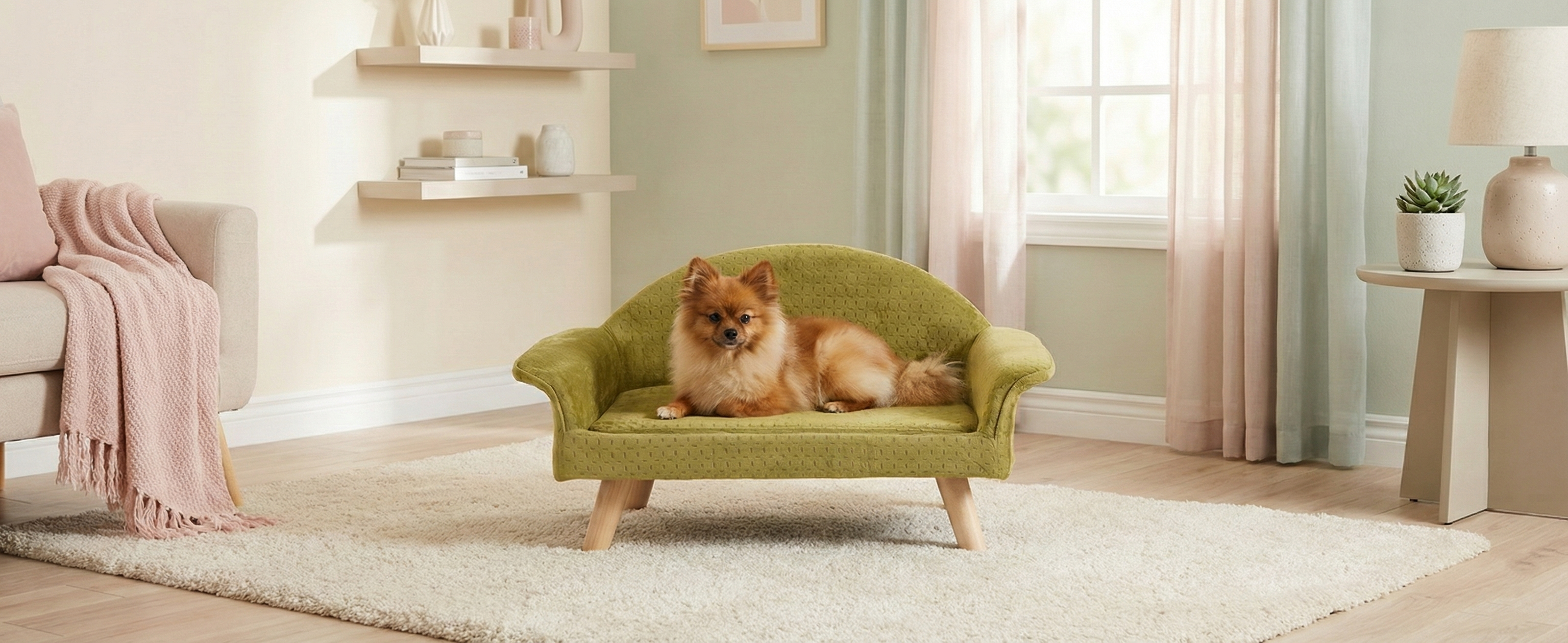 Small dog sitting on a green pet sofa in a cozy living room.