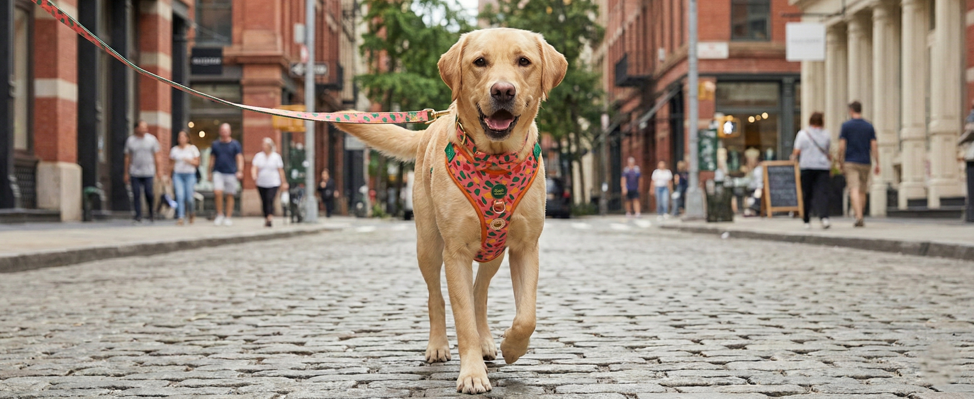 Dog on a leash walking down a city street with brick buildings and pedestrians in the background.
